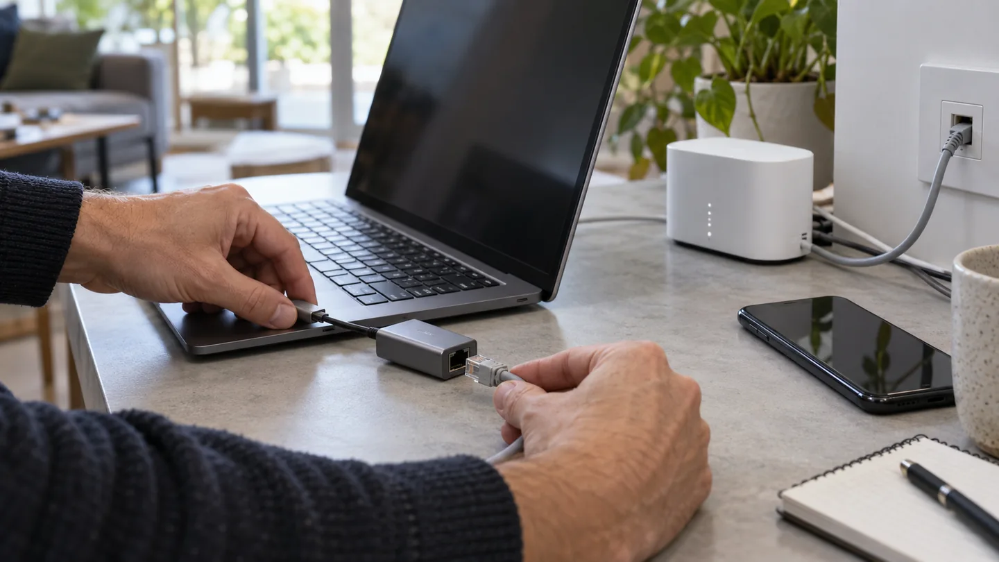 手部在笔记本旁连接网线与 USB-C 网络适配器，桌面有手机和小型网关