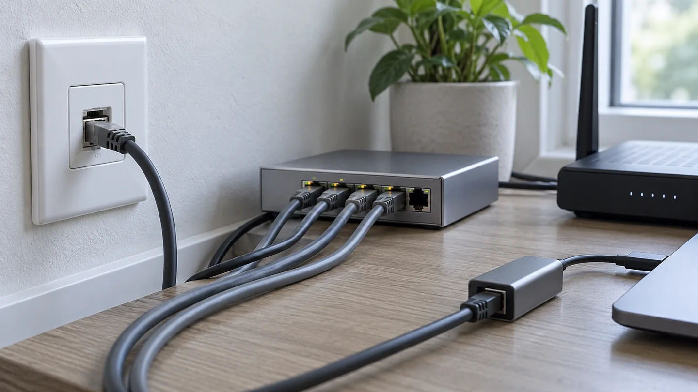 以太网墙面接口、网线与 USB-C 转网口的近距离画面